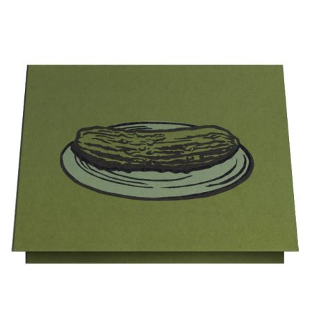 Greeting card showing block-printed image of a pickle on a plate.